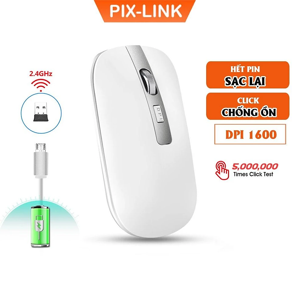 Chuột Không Dây PIX-LINK P30 Sạc Điện Chống Ồn Wireless 2.4Ghz Dùng Cho Laptop, Macbook, Pc, Tivi - Hàng Chính Hãng - Trắng