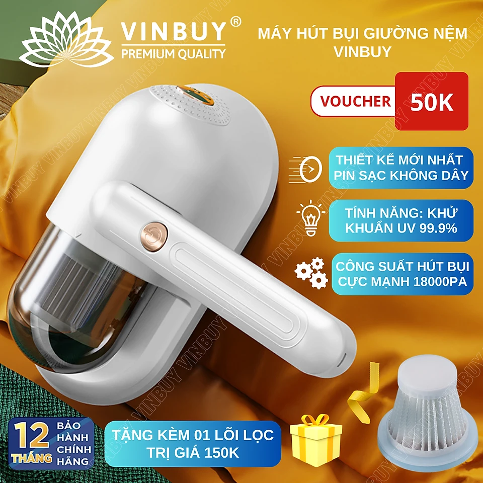 Máy hút bụi giường nệm không dây VinBuy cầm tay hiện đại diệt khuẩn đa tầng, đèn UV, lực hút mạnh 18000PA - Hàng chính hãng - trắng