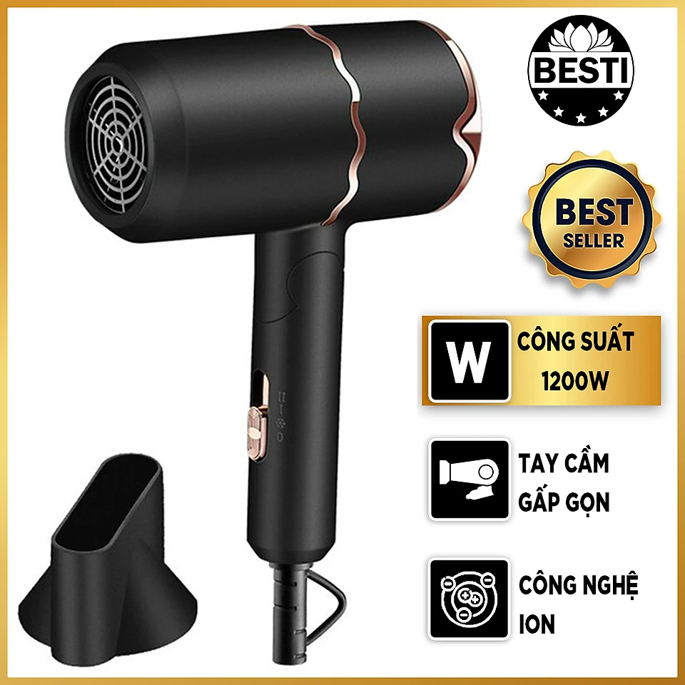 Máy Sấy Tóc Besti Cao Cấp Tay Cầm Gấp Gọn Tiện Dụng Máy Sấy Tóc Bổ Sung ION Dưỡng Ẩm, Làm Mềm Mượt Tóc Máy Sấy Tóc Kiểu Dáng Sang Trọng Tinh Tế Công Suất Lớn, Giảm Tiếng Ồn, Động Cơ Êm Ái, Ổn Định Hàng Chính Hãng - Đen
