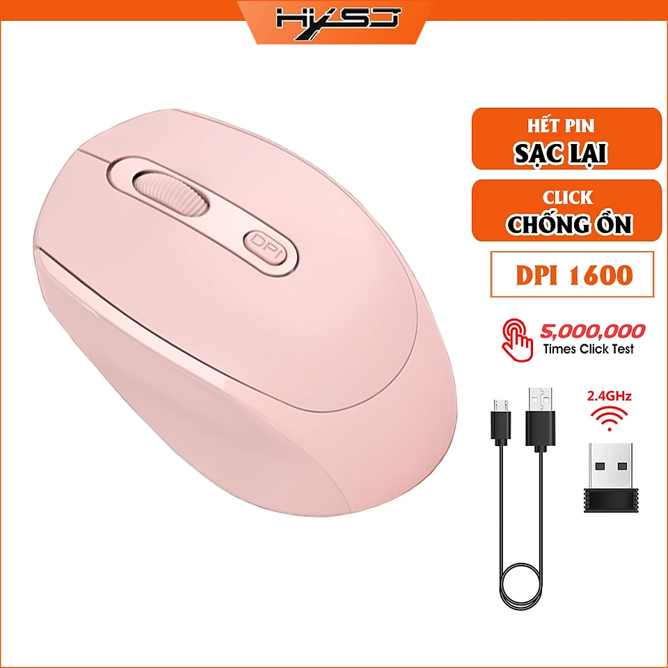 Chuột không dây HXSJ M100 wireless 2.4Ghz sạc pin, chồng ồn, DIP1600 chuyên dùng cho máy tính, laptop, tivi - Hàng chính hãng - Đen
