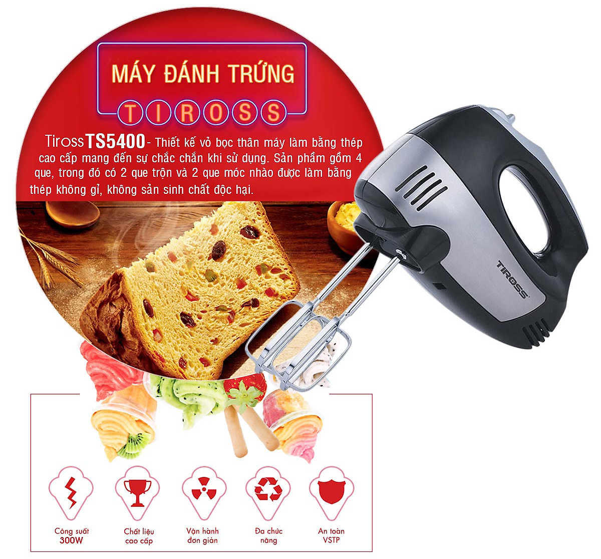 Máy đánh trứng Tiross TS5400 - Đen - Hàng chính hãng