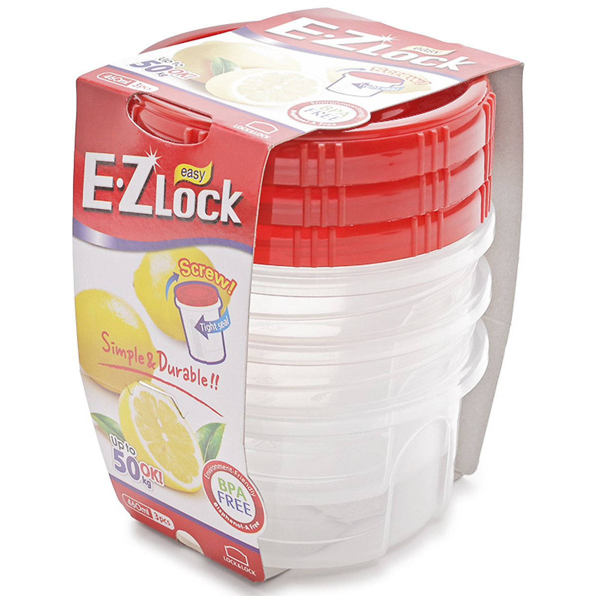 Bộ 3 Hộp Bảo Quản Ezlock Nắp Đỏ Lock&Lock HLE9604S 460Ml