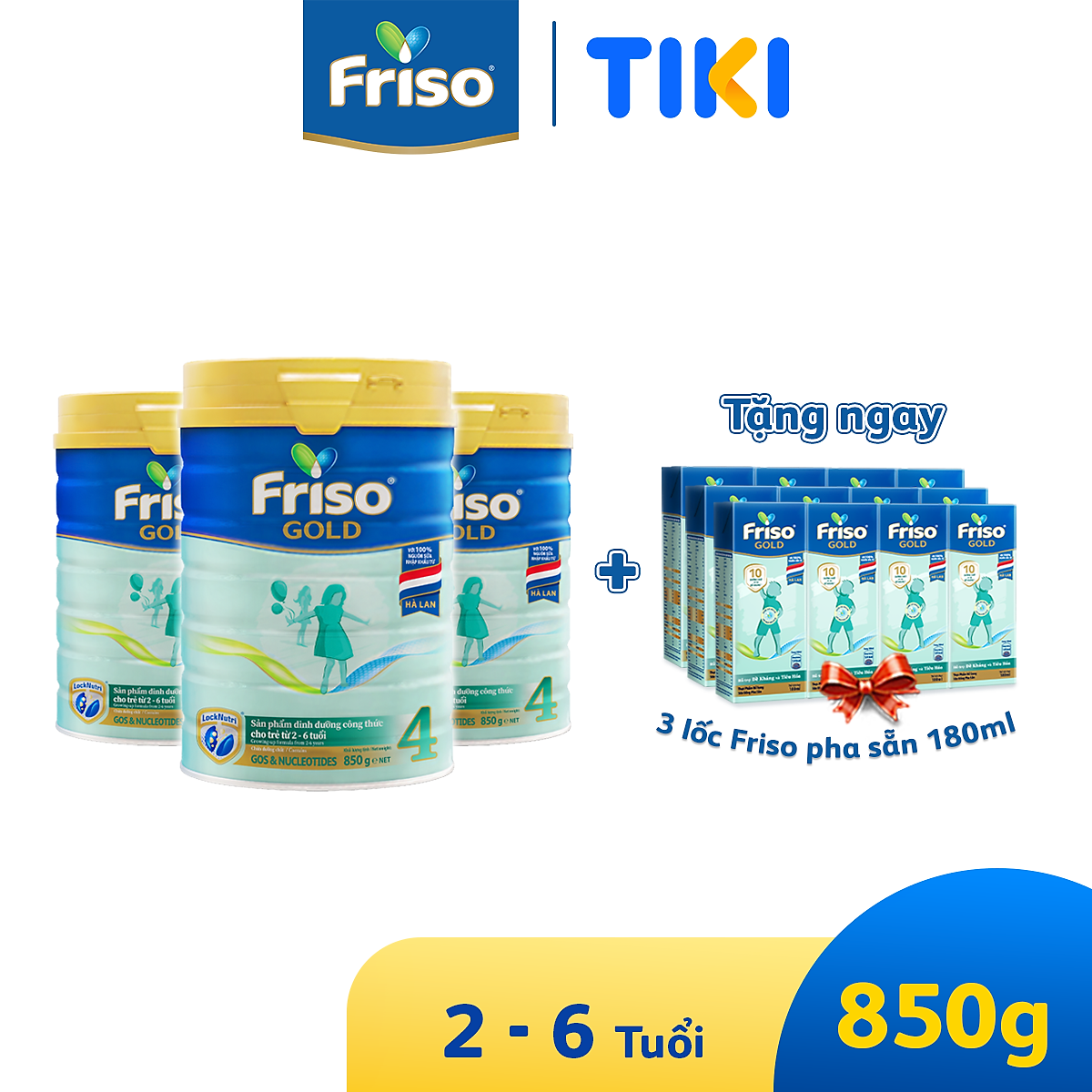 Combo 3 lon sữa Bột Friso Gold 4 850g (Dành Cho Trẻ Từ 2 - 6 Tuổi) - Tặng 3 lốc RDT 180ml
