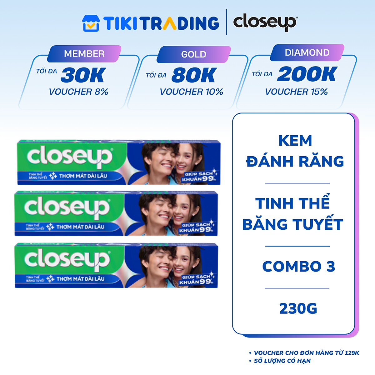 Combo 3 Kem đánh răng Closeup thơm mát bất tận tinh thể băng tuyết 230g