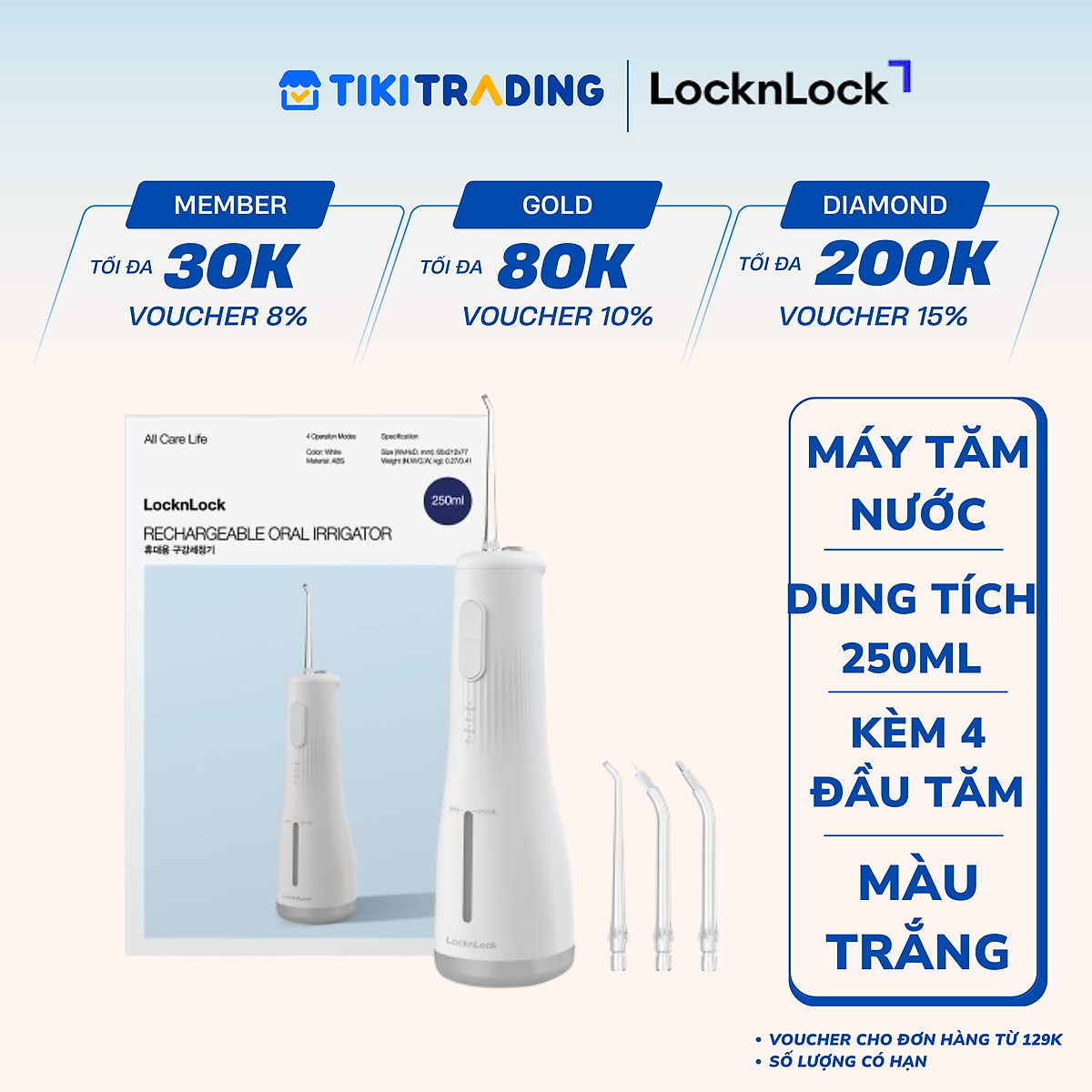 Máy tăm nước LocknLock ENR154WHT - Kèm 4 đầu tăm - Dung tích 250ml - Màu trắng