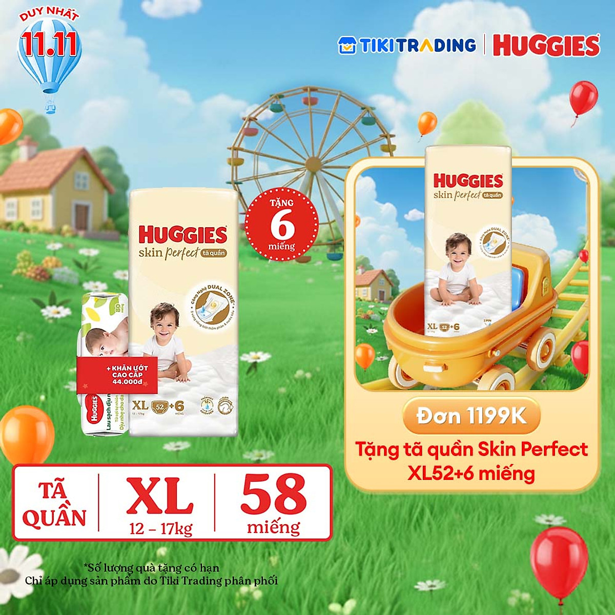 [Gift] Tã quần Huggies Skin Perfect XL Super Jumbo 52+6 miếng với 2 vùng thấm giảm kích ứng da - Mẫu ngẫu nhiên