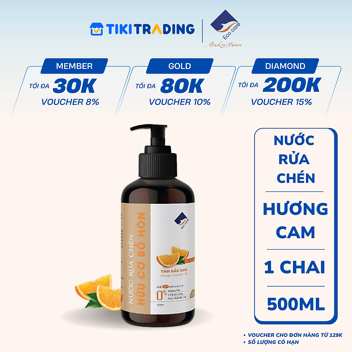 Nước rửa chén hữu cơ Bồ hòn Ecocare - Chai 500ml - Cam