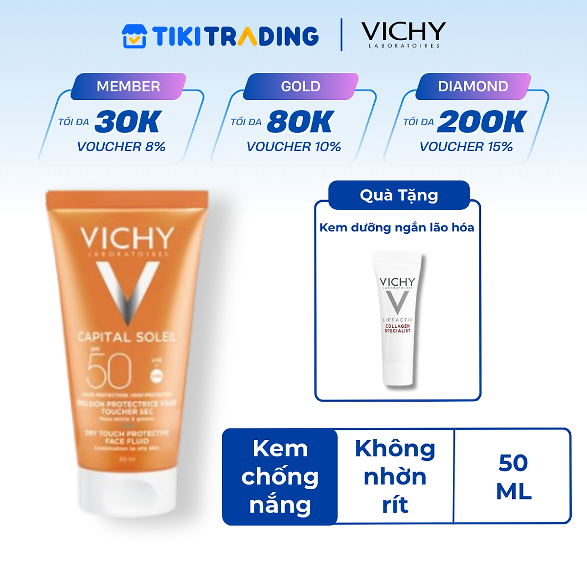 Kem chống nắng SPF 50 UVA+UVB Vichy Capital Soleil Mattifying Dry Touch Face Fluid 50ml