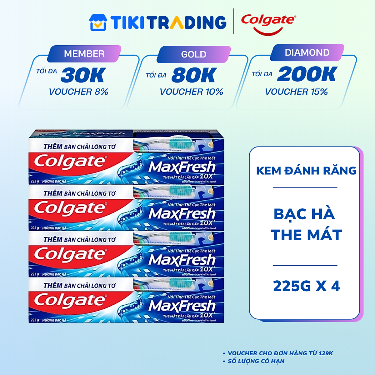 Bộ 4 Kem đánh răng Colgate bạc hà the mát Maxfresh 225g/tuýp tặng bàn chải đánh răng lông mềm