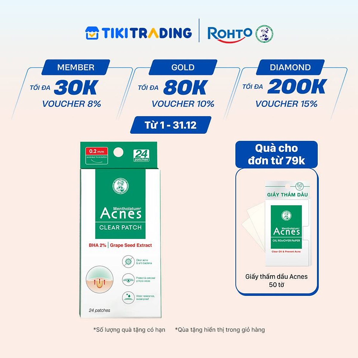 Miếng dán mụn giúp giảm mụn sưng viêm Acnes Clear Patch (24 Miếng)