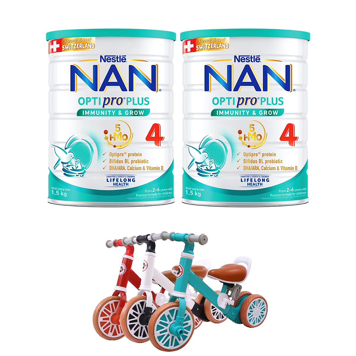 Bộ 2 Lon Sữa bột Nestlé NAN OPTIPRO PLUS 4 1500g/lon với 5HMO Giúp tiêu hóa tốt + Tăng cường đề kháng Tặng Xe Chòi Chân Ngẫu nhiên - Bé 2-6 tuổi