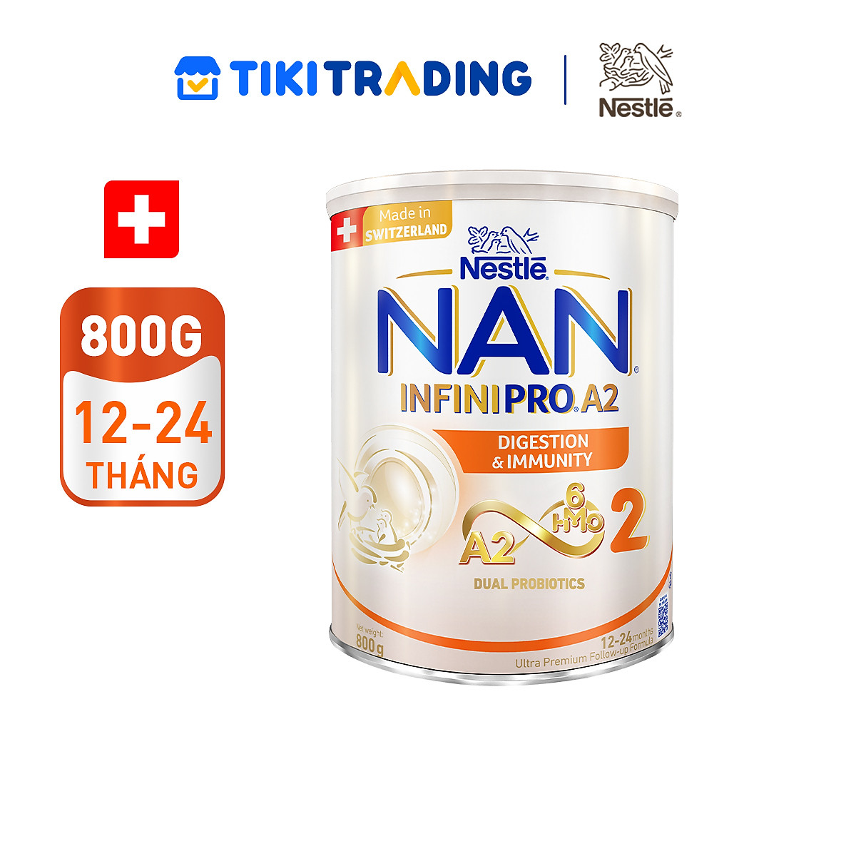 Sữa bột NAN INFINIPRO A2 2 với công thức đầu tiên chứa đạm A2, 6HMO & Lợi khuẩn kép nhập khẩu Thụy Sĩ - Hộp 800g (12 - 24 tháng)