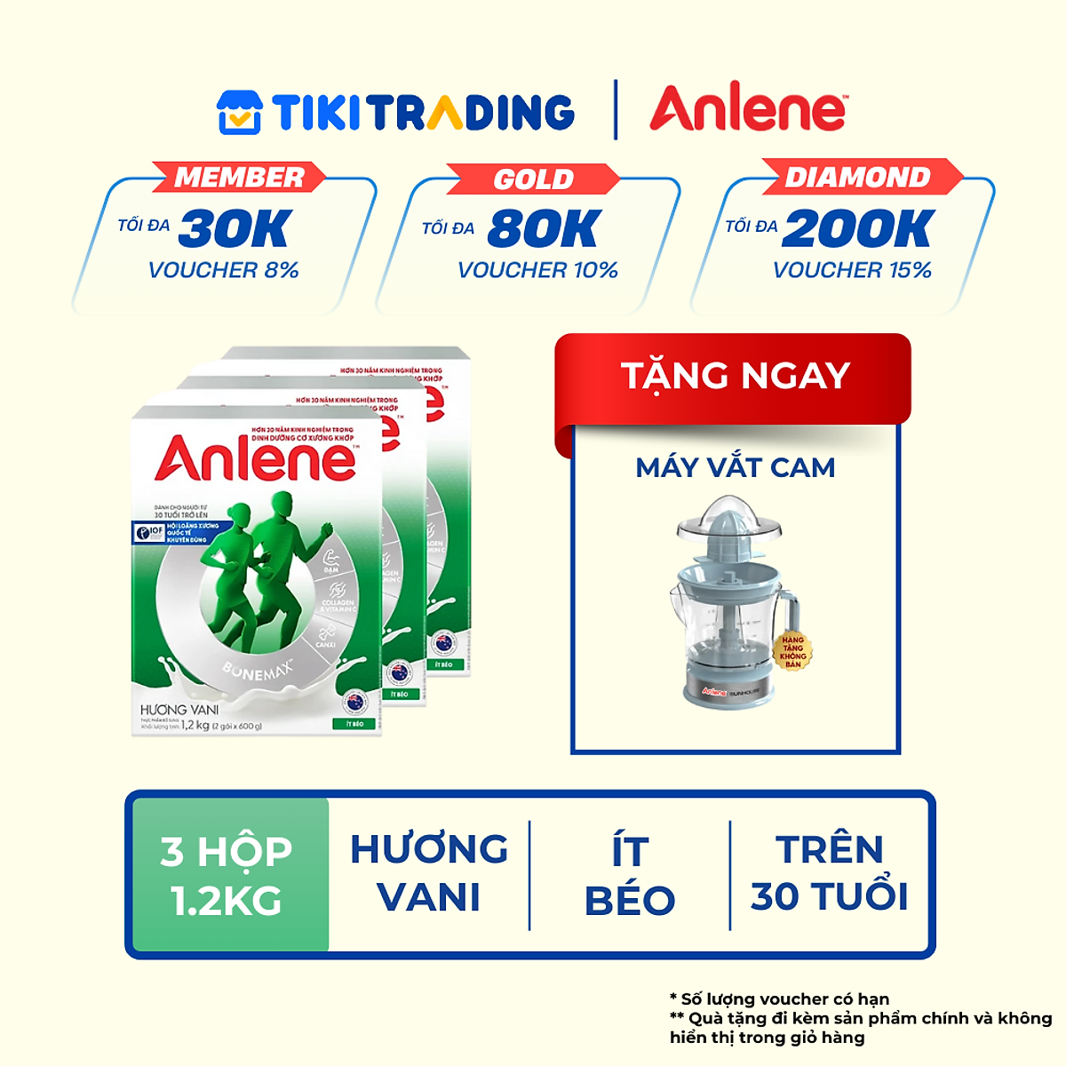 Combo 3 TPBS Anlene hương vani 1.2kg (trên 30 tuổi) tặng máy vắt cam