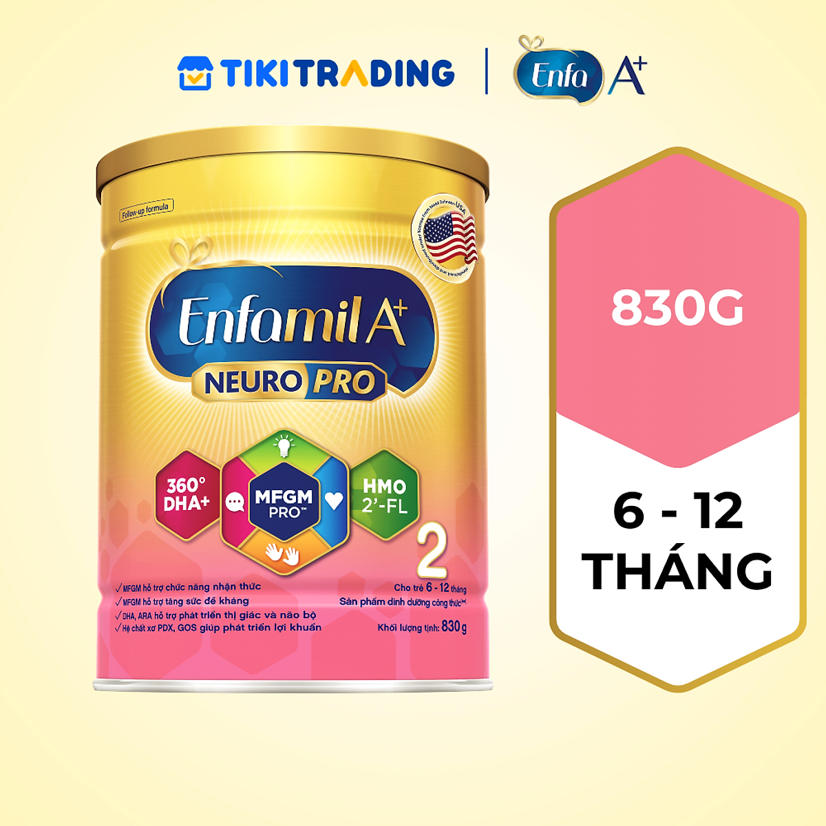 Sữa bột Enfamil A+ Neuropro 2 830g với DHA giúp phát triển não bộ cho trẻ từ 6 –12 tháng tuổi