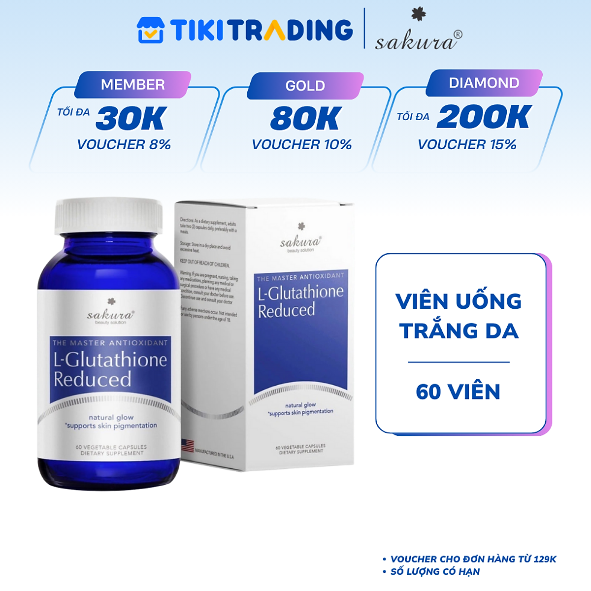Viên uống trắng da Sakura L-Glutathione Reduced (60 viên)