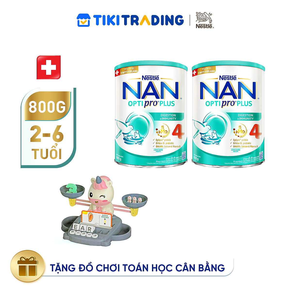 [Tặng Đồ chơi toán học cân bằng] Bộ 2 lon Sữa bột Nestlé NAN OPTIPRO PLUS 4 800g/lon với 5HMO Giúp tiêu hóa tốt + Tăng cường đề kháng - Bé 2-6 tuổi