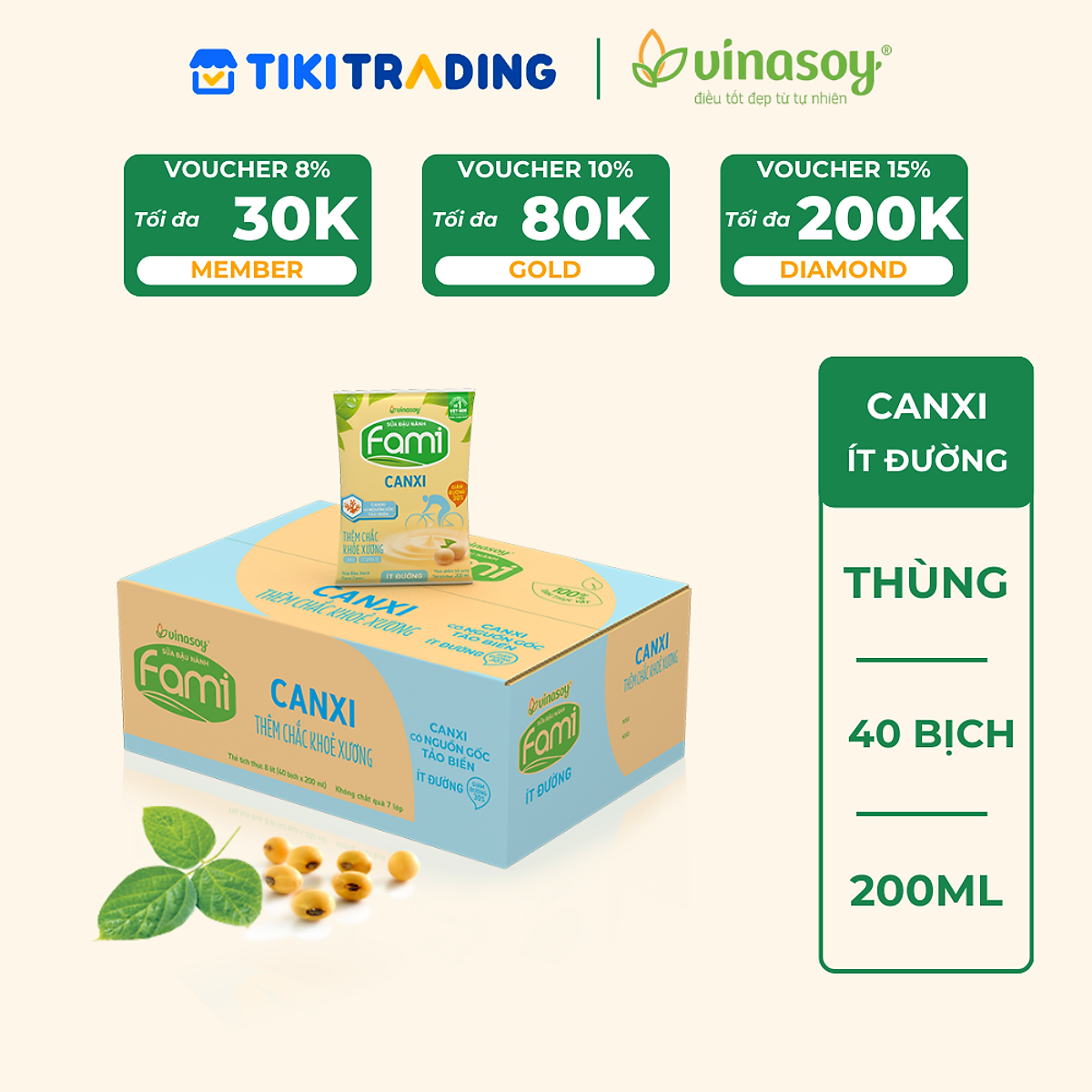 Thùng Sữa đậu nành Vinasoy Fami Canxi ít đường (200ml x 40 bịch)