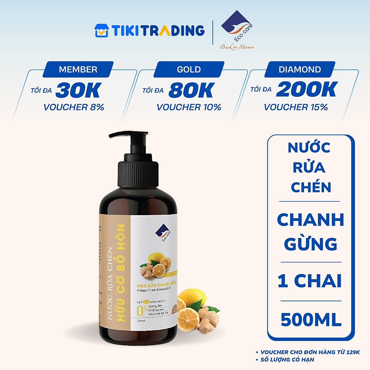 Nước rửa chén hữu cơ Bồ hòn Ecocare - Chai 500ml - Chanh gừng