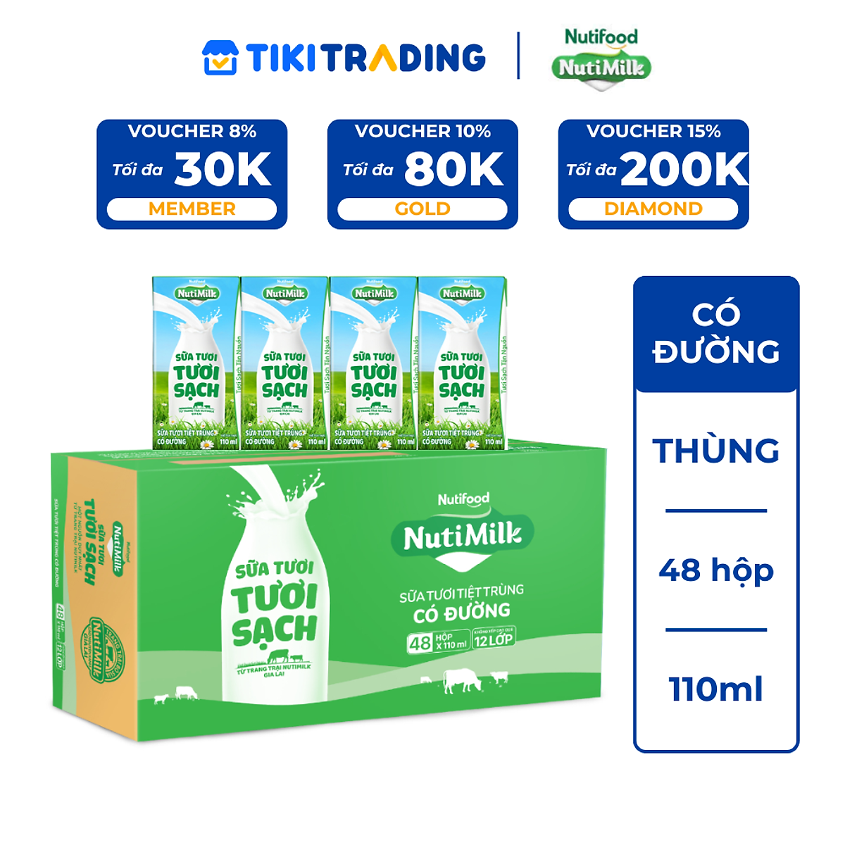 Thùng 48 hộp Sữa Tươi Tươi Sạch NutiMilk Có Đường 110ml