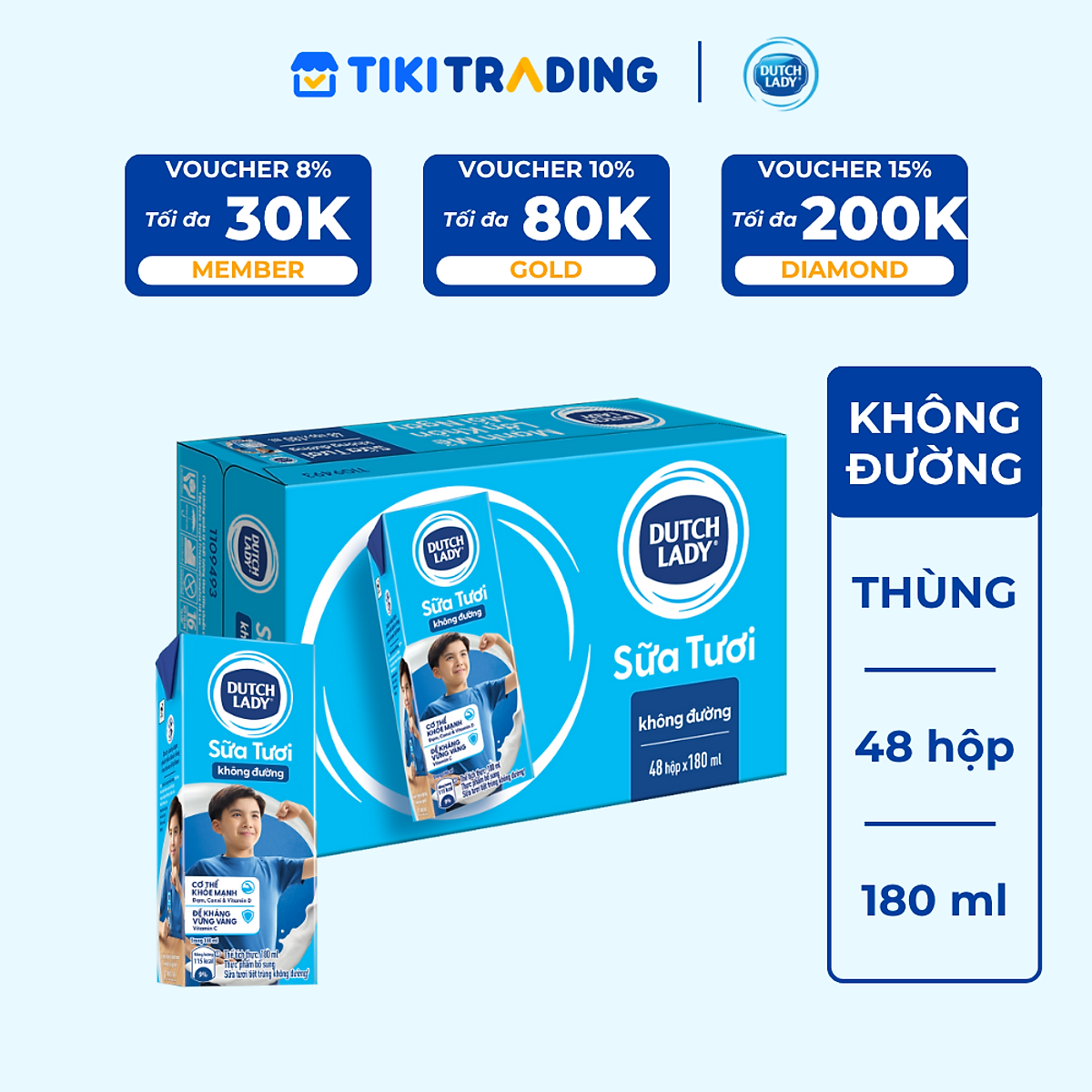 [Mua nhiều giảm thêm] Thùng 48 Hộp Sữa Tươi Tiệt Trùng Dutch Lady Cô Gái Hà Lan Không Đường (48X180ml)