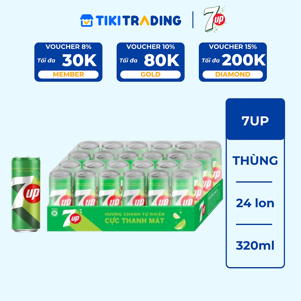 Thùng 24 Lon Nước Ngọt Có Gaz 7Up lon xanh (320ml/lon)
