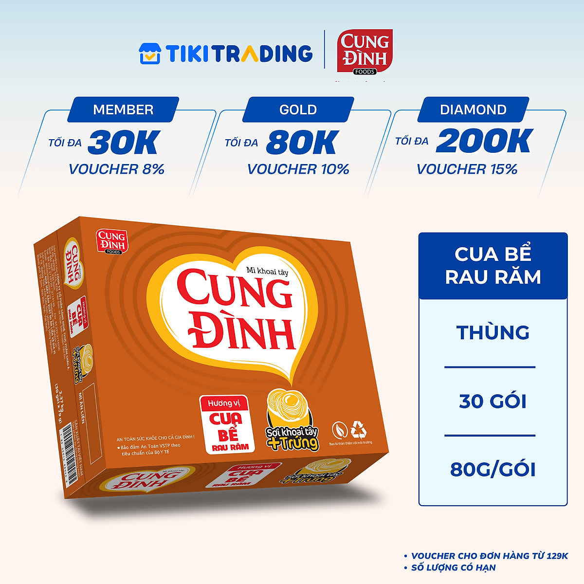 Thùng 30 Gói Mì Khoai Tây Cung Đình Hương Vị Cua Bể Rau Răm