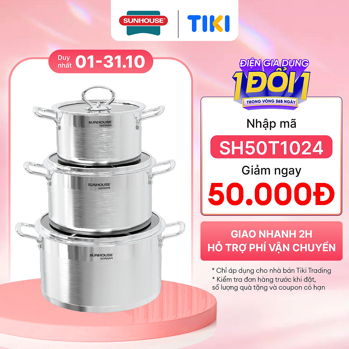 Bộ Nồi Inox Sunhouse Mama cao cấp 5 đáy SH784 (16cm, 20cm, 24cm) - Dùng cho mọi loại bếp - Hàng chính hãng