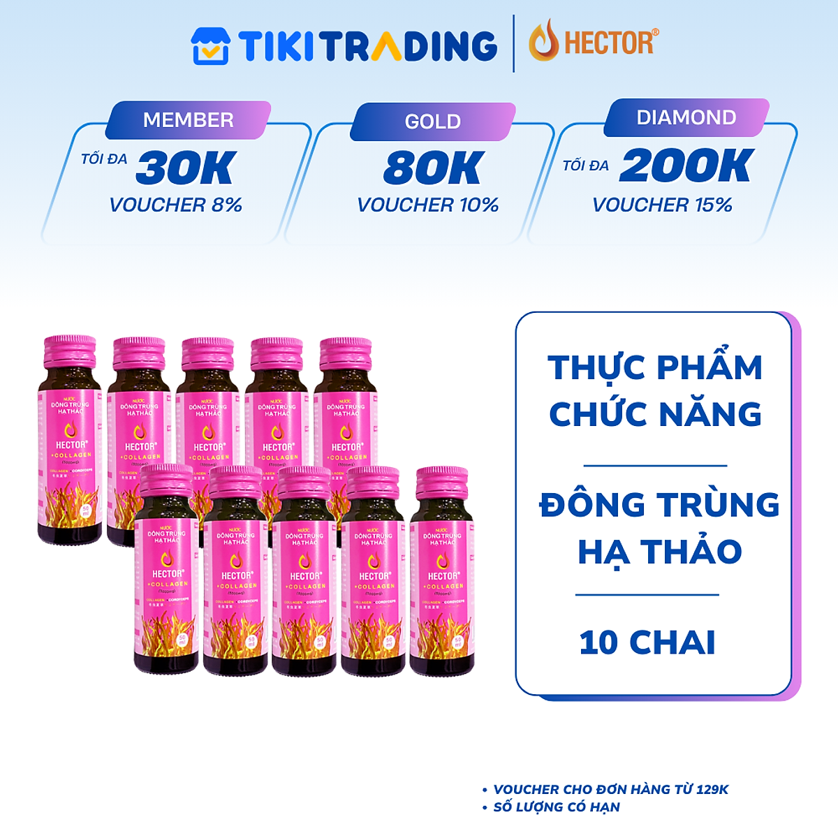 Hộp 10 chai nước Thực phẩm chức năng đông trùng hạ thảo Hector collagen