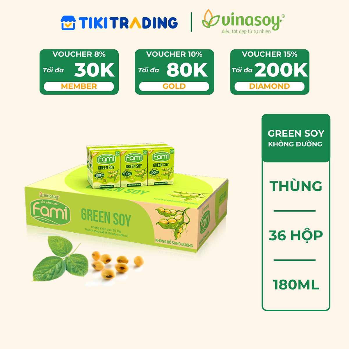 Thùng sữa đậu nành Vinasoy Fami Green soy không bổ sung đường (36 hộp x 180ml)