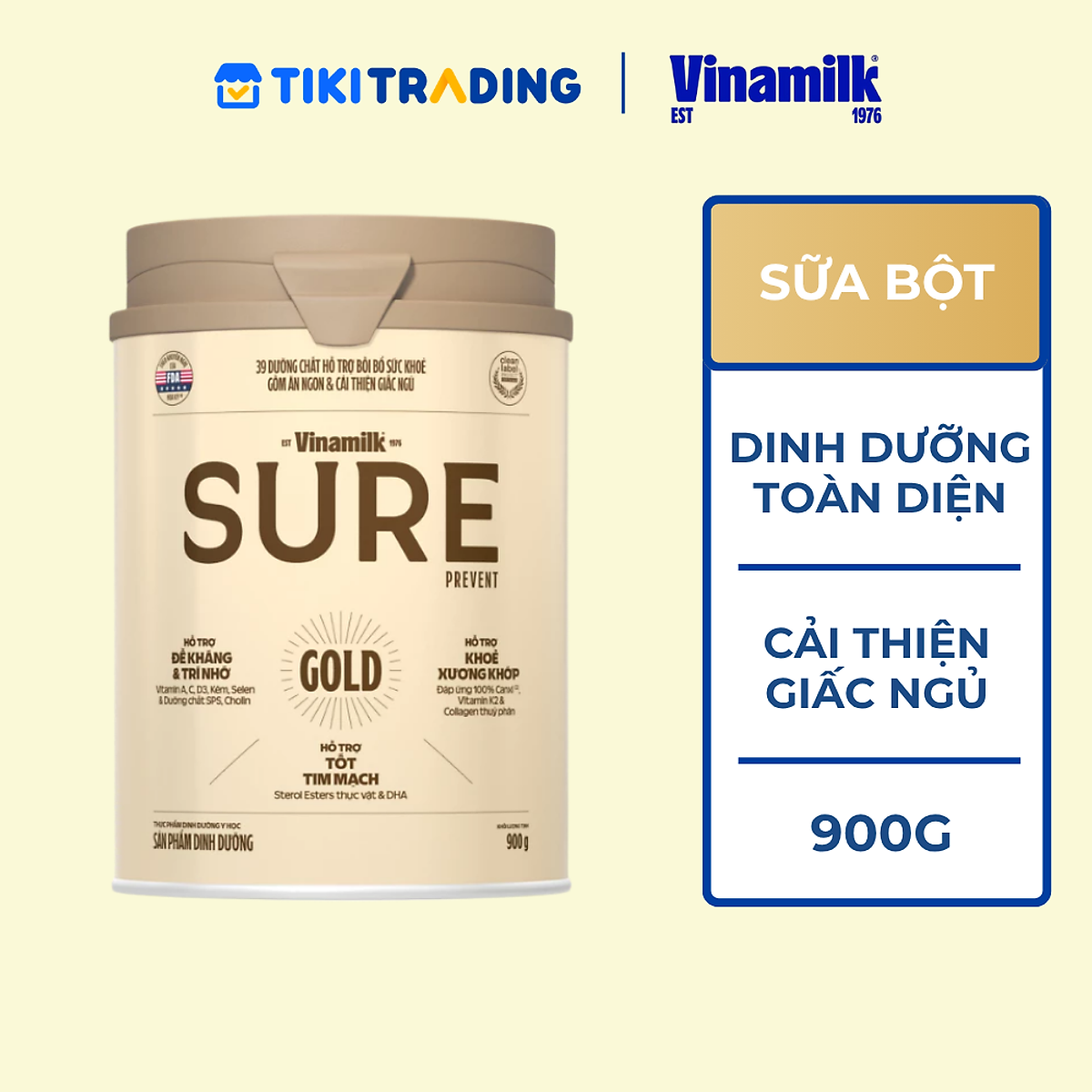 Sữa bột cho người lớn tuổi Vinamilk Sure Prevent 900g (Hộp thiếc) - bổ sung dinh dưỡng và tăng cường sức khỏe