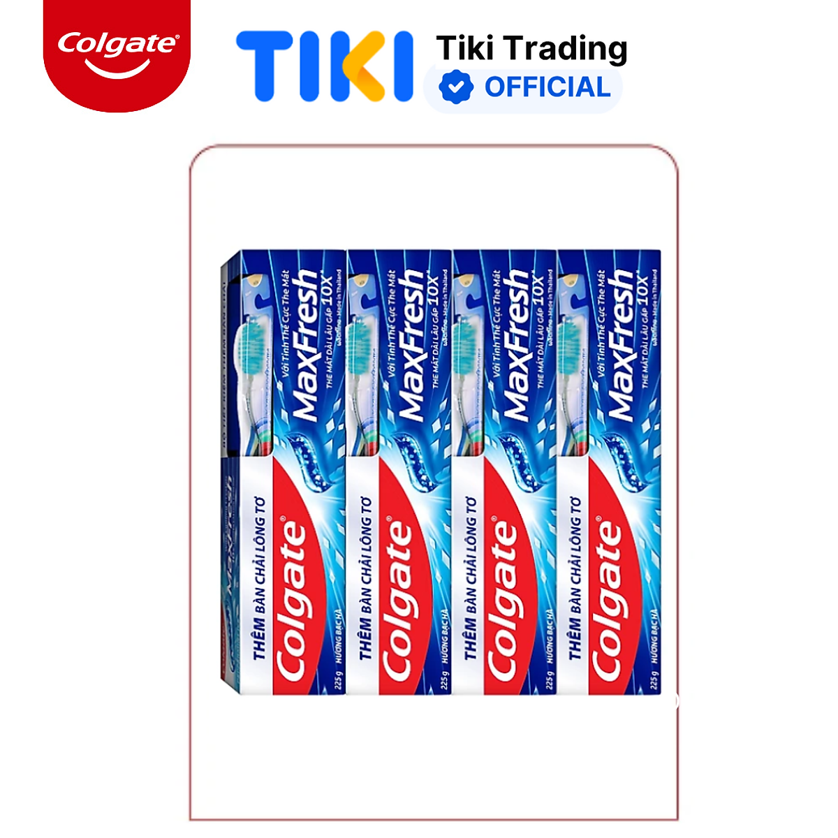 Bộ 4 Kem đánh răng Colgate bạc hà the mát Maxfresh 225g/tuýp tặng bàn chải đánh răng lông mềm