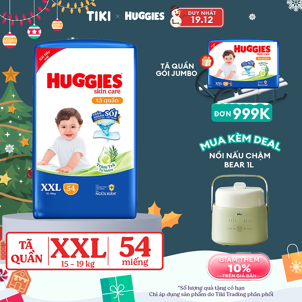 Tã/bỉm quần Huggies Skin Care Super Jumbo XXL54 miếng với tràm trà dịu da