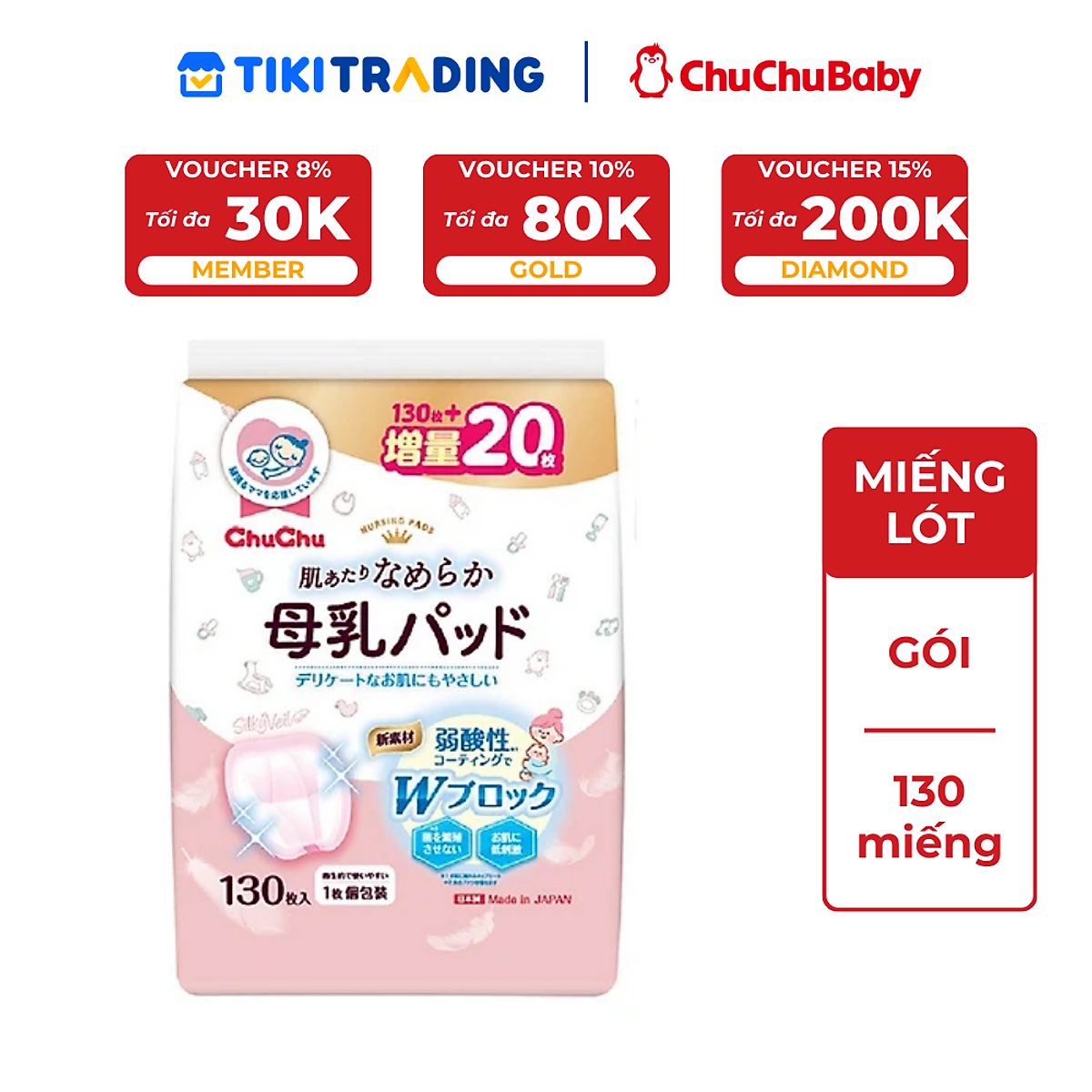 Miếng lót thấm sữa Chuchu Baby thấm hút tốt, mềm mại với da - 130 Miếng