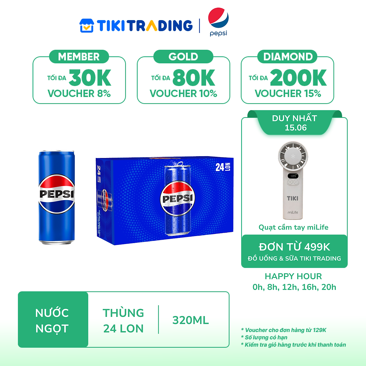 Thùng 24 Lon Nước Ngọt Có Gaz Pepsi lon xanh (320ml/lon)