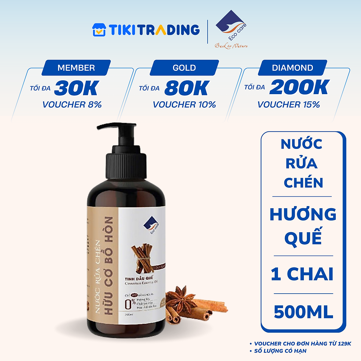 Nước rửa chén hữu cơ Bồ hòn Ecocare - Chai 500ml - Quế