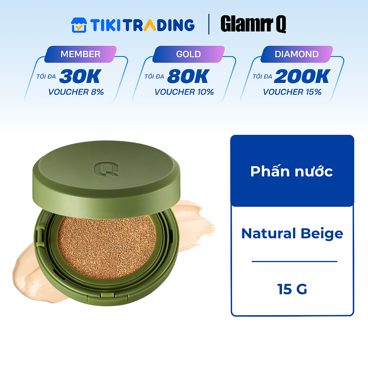 Phấn nước trang điểm căng bóng thuần chay GLAMRR Q VEGAN SUPER GLOW CUSHION (1 lõi x 15g) by Gilaa - #02 NATURAL BEIGE
