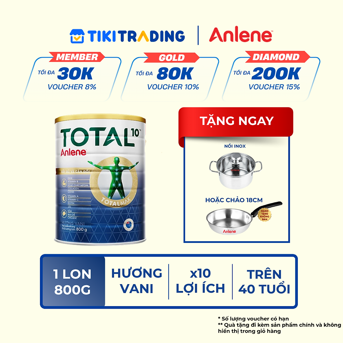 [MỚI] Sữa bột bổ sung dinh dưỡng Anlene Total 10 lon 800g Tặng 1 Nồi Inox Hoặc Chảo 18cm - Tặng Nồi Lẩu Inox