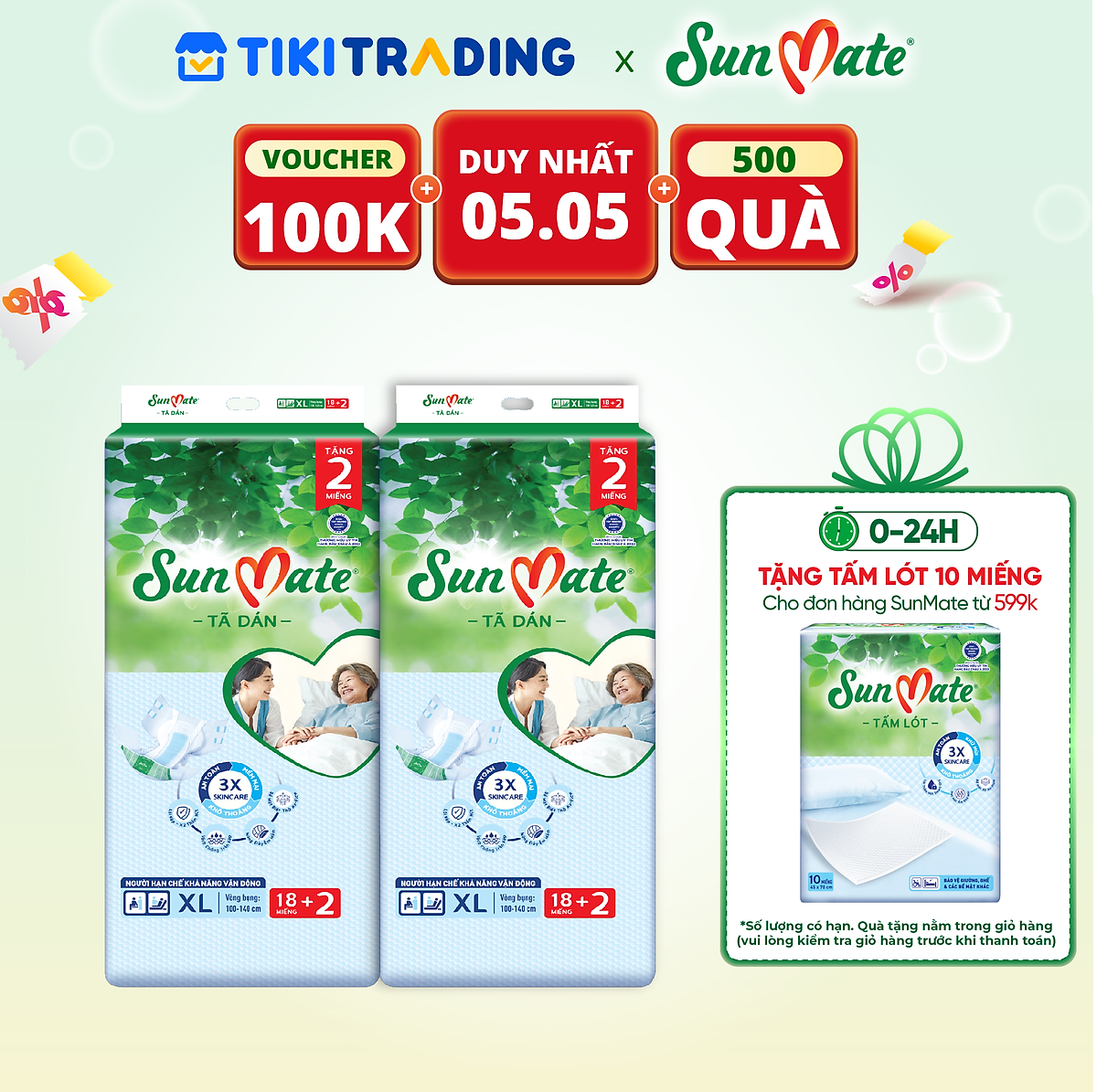 [Mẫu mới] Combo 2 Tã dán người lớn SunMate XA2 mới size XL-18+2 miếng