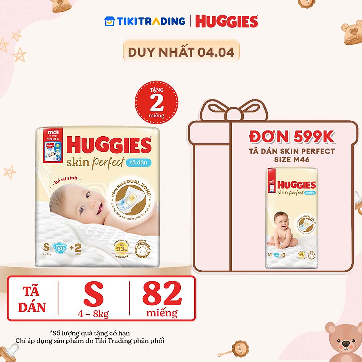 Tã/bỉm dán sơ sinh Huggies Skin Perfect S 80+2 miếng với 2 vùng thấm giảm kích ứng da