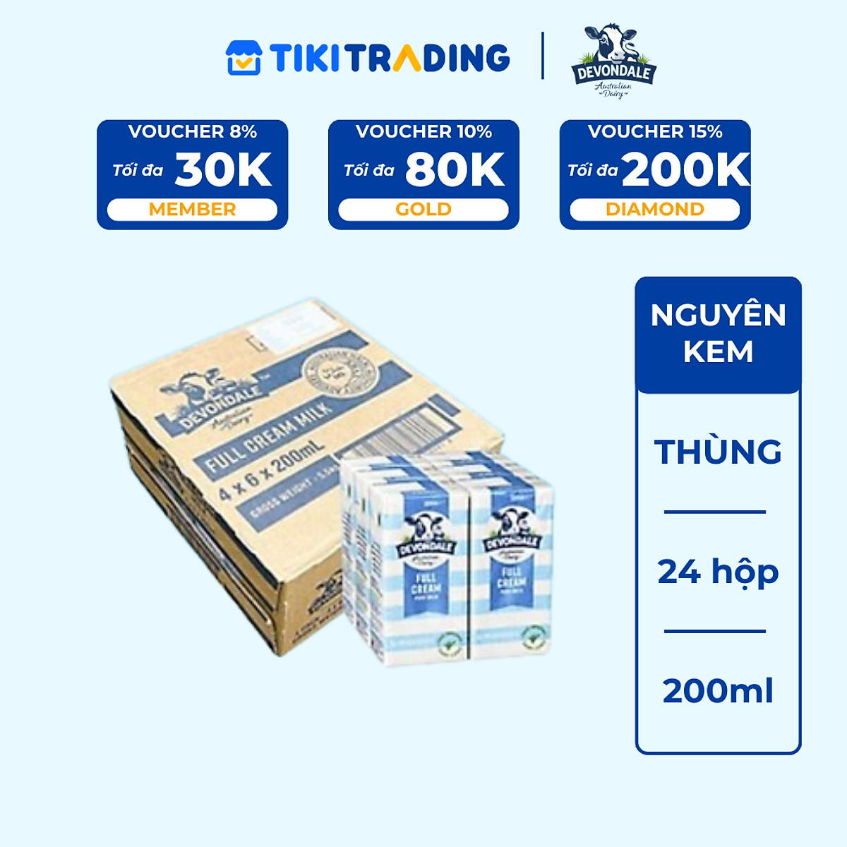 Thùng 4 Lốc Sữa Nguyên Kem Devondale Fullcream (4 x 6 x 200Ml)
