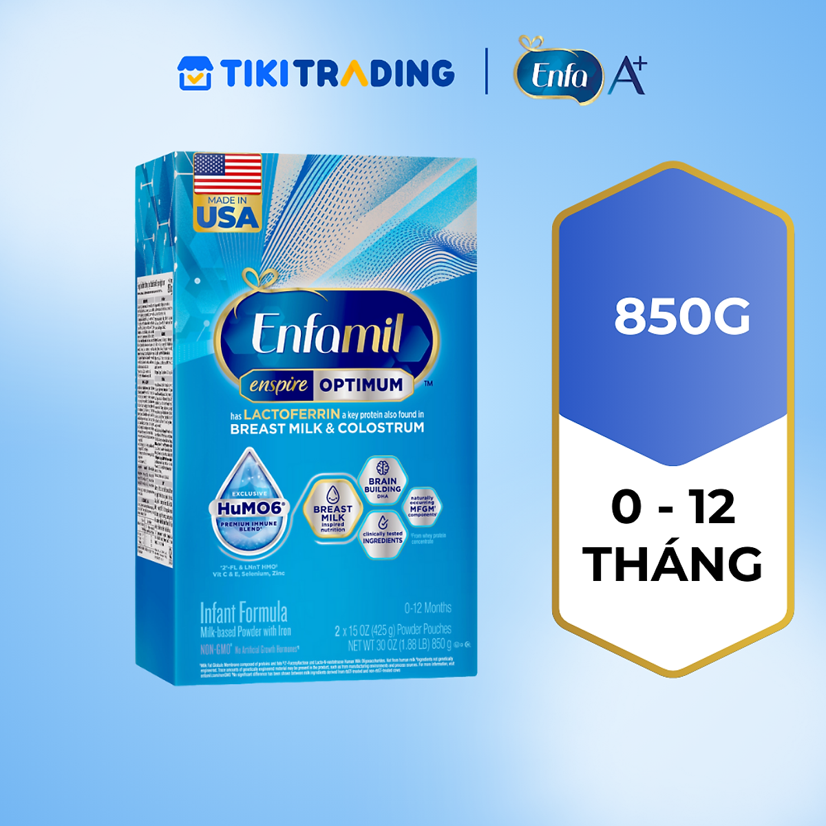 [Nhập khẩu từ Mỹ] Sữa bột Enfamil Enspire Optimum 850g hỗ trợ đề kháng cho trẻ 0-12 tháng tuổi (hộp 2 túi thiếc 425g)