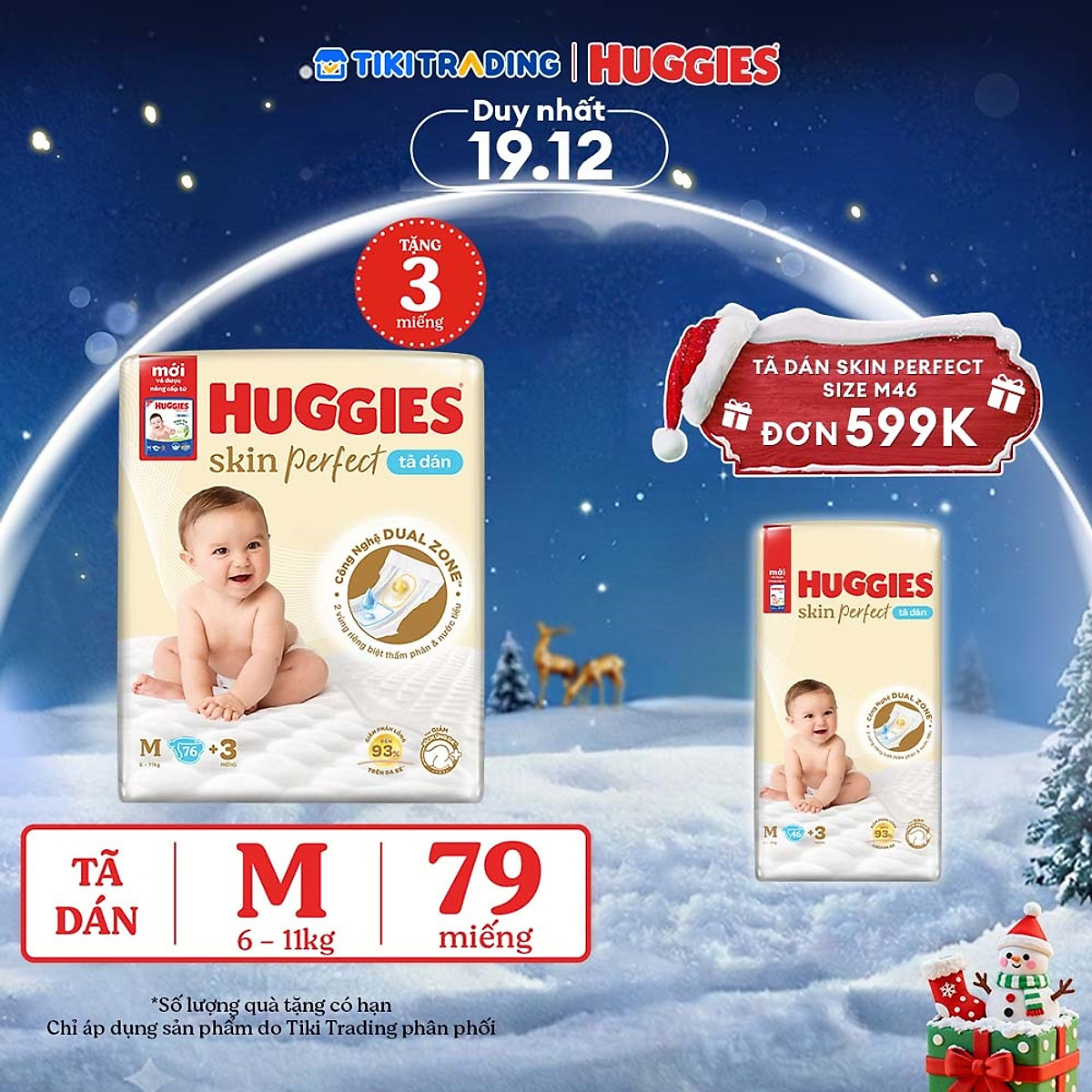 Tã/bỉm dán sơ sinh Huggies Skin Perfect M 76+3 miếng với 2 vùng thấm giảm kích ứng da