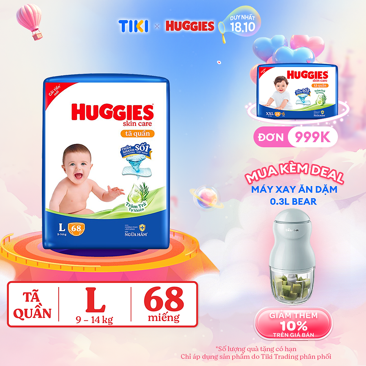 Tã/bỉm quần Huggies Skin Care Super Jumbo L68 miếng với tràm trà dịu da