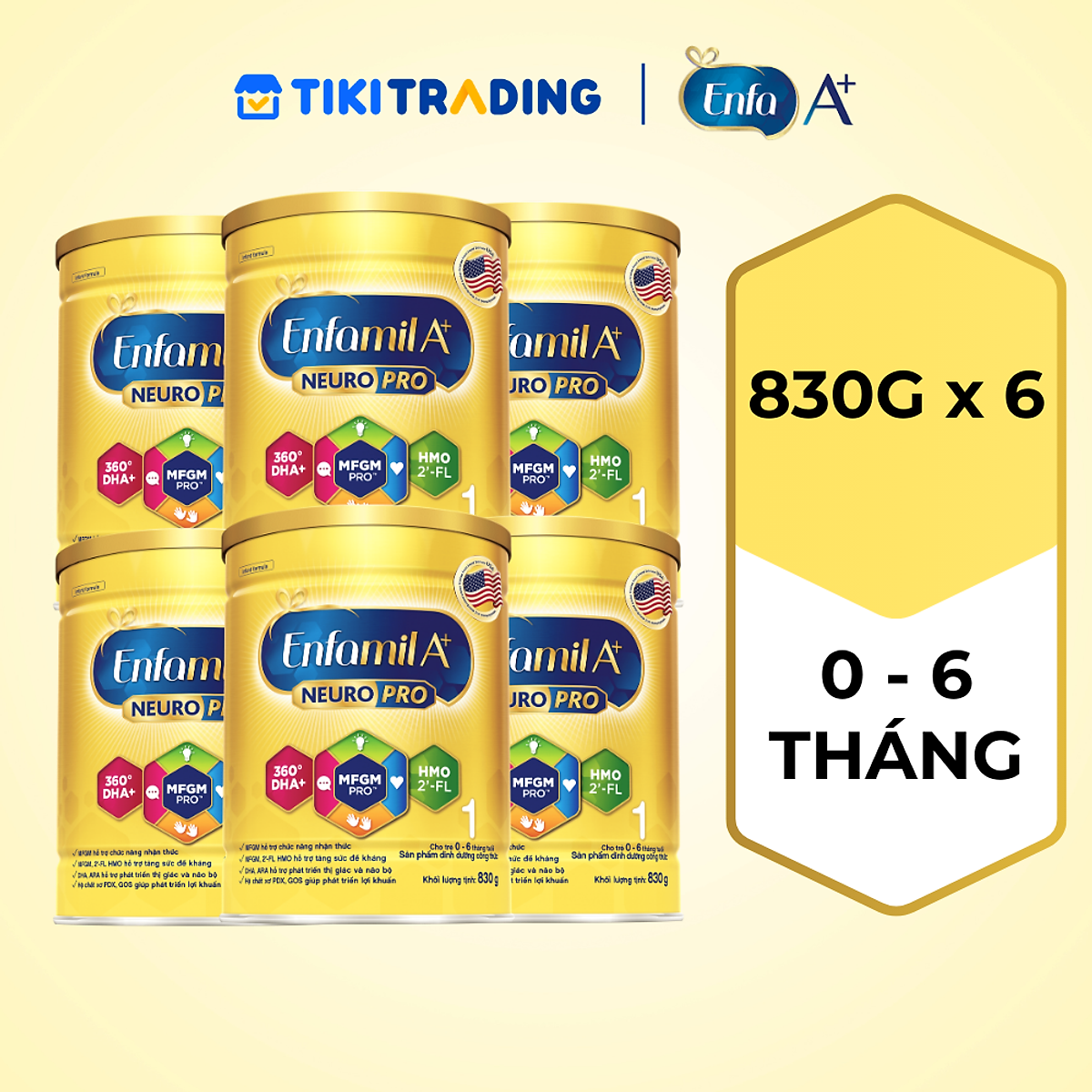 Bộ 6 lon sữa bột Enfamil A+ Neuropro 1 830g với DHA giúp phát triển não bộ cho trẻ từ 0-6 tháng tuổi