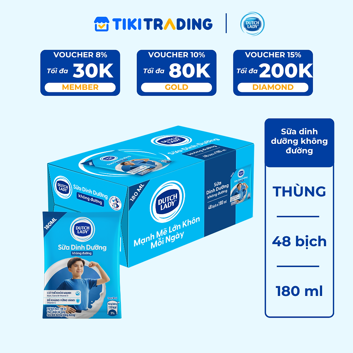 Thùng 48 Bịch Sữa Tiệt Trùng Dutch Lady Cô Gái Hà Lan Không Đường 180ml