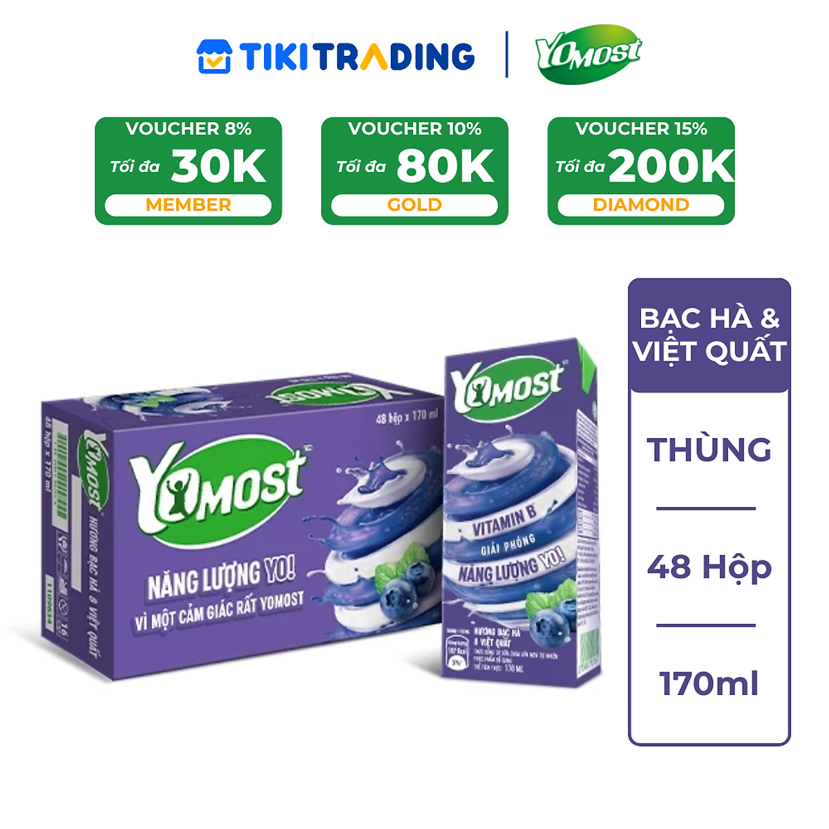 Thùng 48 Hộp Sữa Chua Lên Men Tự Nhiên Yomost Bạc Hà - Việt Quất (170ml/Hộp)
