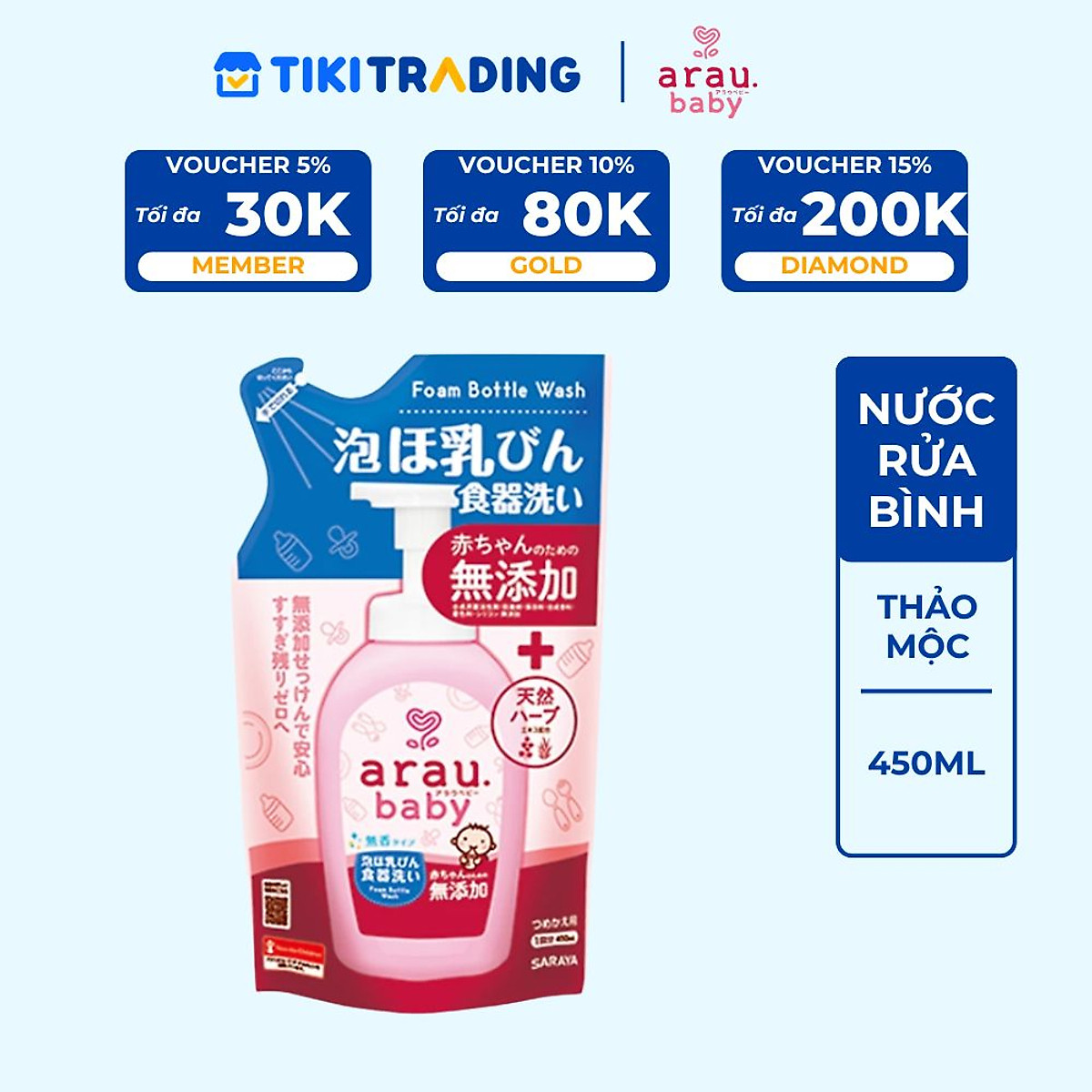 Nước rửa bình thảo mộc cho bé Arau Baby - Túi 450ml