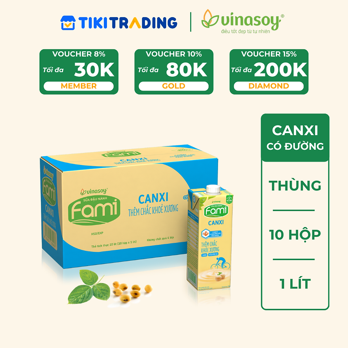 Thùng 10 Hộp Sữa đậu nành Vinasoy Fami Canxi (1 lít/Hộp)