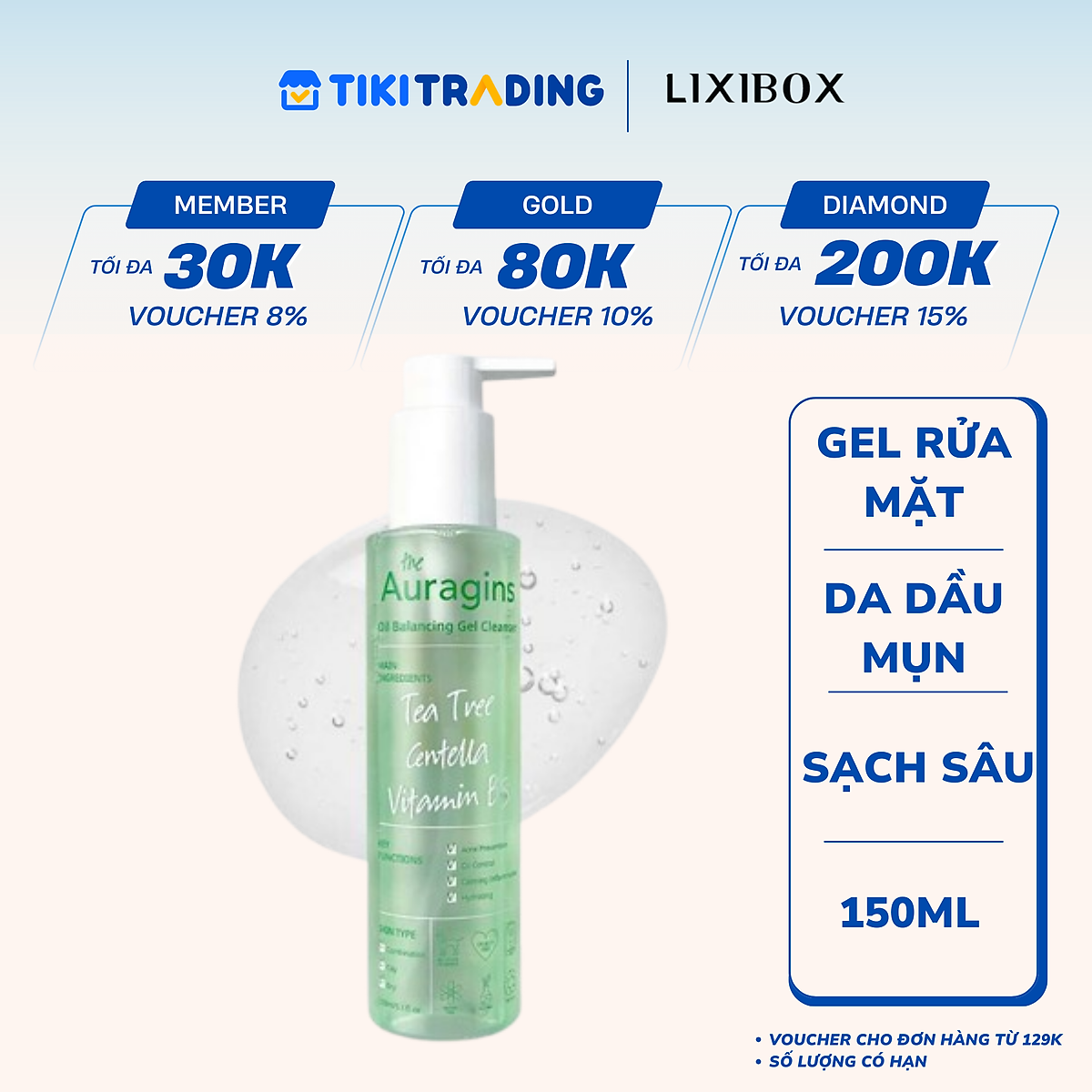 Gel rửa mặt làm sạch sâu cho da dầu mụn The Auragins Oil Balancing Gel Cleanser 150ml