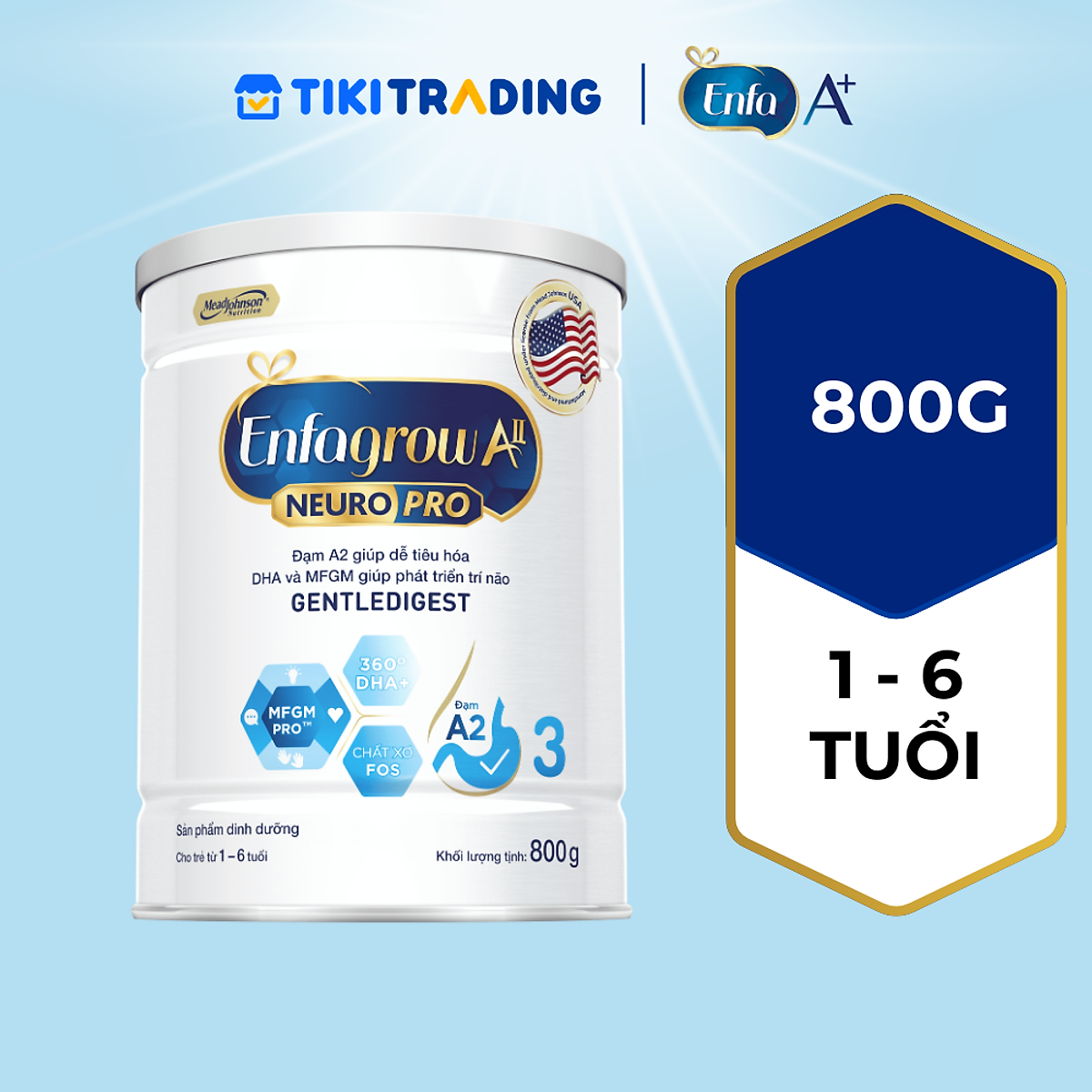 Sữa bột Enfagrow A2 Neuropro 3 800g giúp dễ tiêu hóa, hấp thu cho trẻ từ 1-6 tuổi